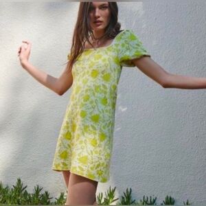 Zara Jacquard Knit Puff Sleeve Mini Dress in the lime green/yellow floral Patter